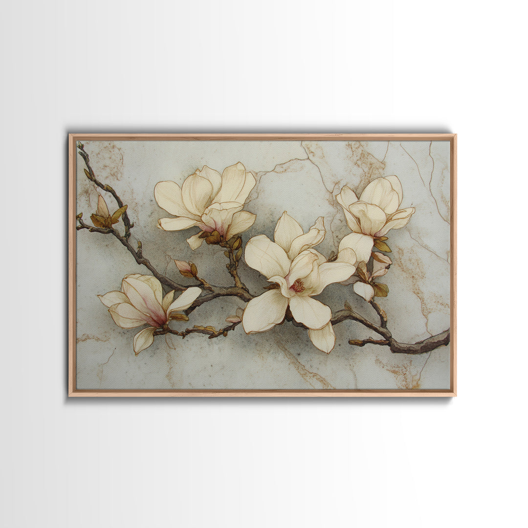 Delicate Magnolia Branch on Cream Background Framed Canvas Print, Above Bed Art, Printable Art, Bedroom Decor, Watercolor Art, ABA-3x2-20