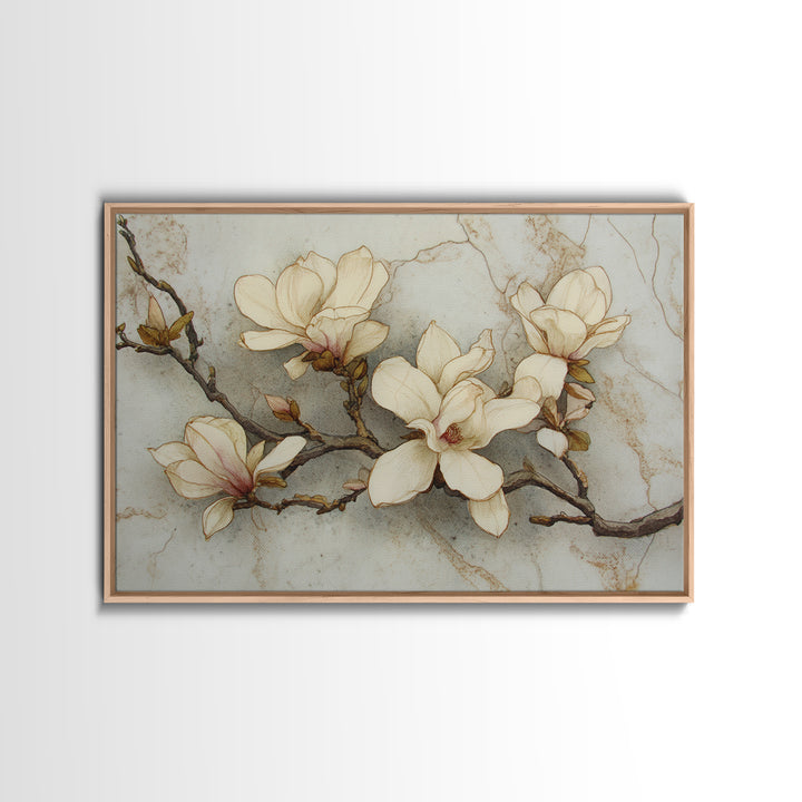Delicate Magnolia Branch on Cream Background Framed Canvas Print, Above Bed Art, Printable Art, Bedroom Decor, Watercolor Art, ABA-3x2-20