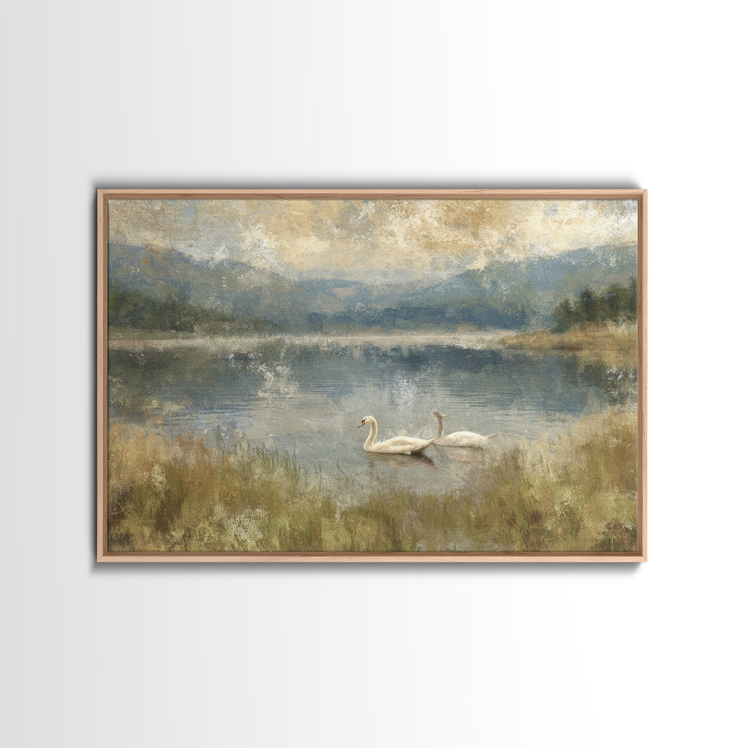 Paired Swans in a Dreamy Painterly Lake Canvas Print, Above Bed Art, Canvas Wall Art, Bedroom Decor, Watercolor Art, Serenity, ABA-3x2-26