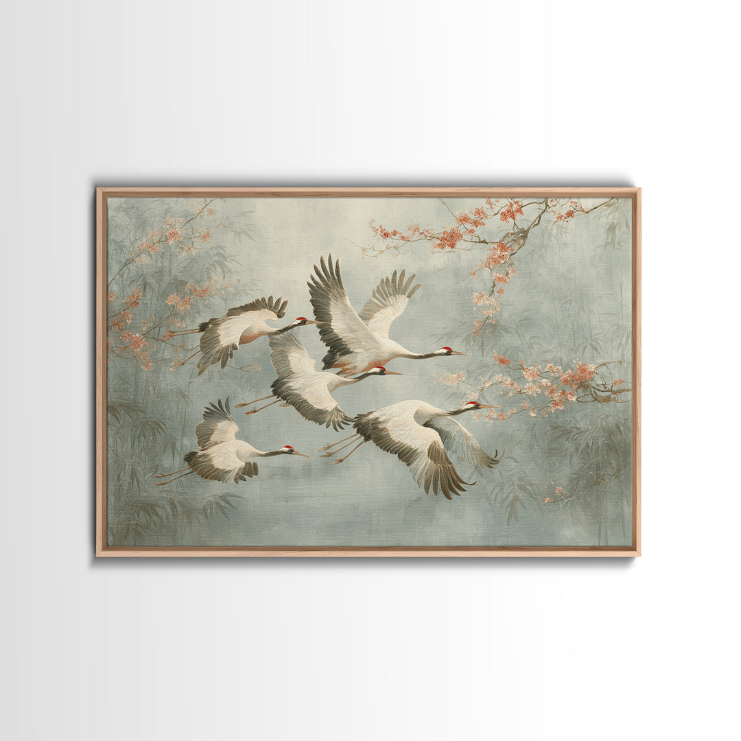 Ethereal Cranes Flying Through Pale Morning Mist Canvas Print, Above Bed Art, Sage Green Wall Art, Bedroom Decor, Oil Painting, ABA-3x2-37