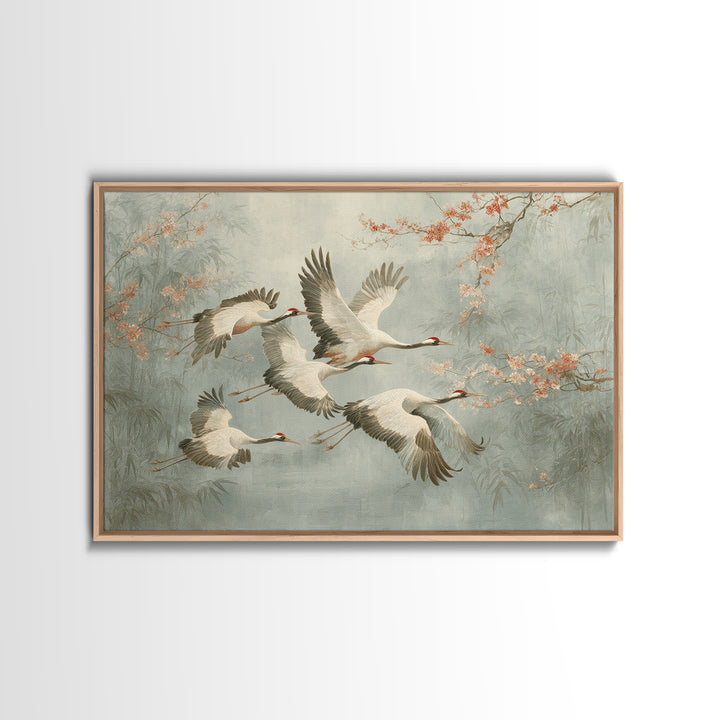Ethereal Cranes Flying Through Pale Morning Mist Canvas Print, Above Bed Art, Sage Green Wall Art, Bedroom Decor, Oil Painting, ABA-3x2-37