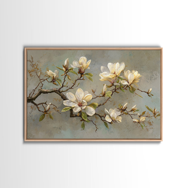 Delicate Magnolia Branch on Cream Background Canvas Print, Above Bed Art, Japanese Wall Art, Bedroom Decor, Fine Art, Serenity, ABA-3x2-44