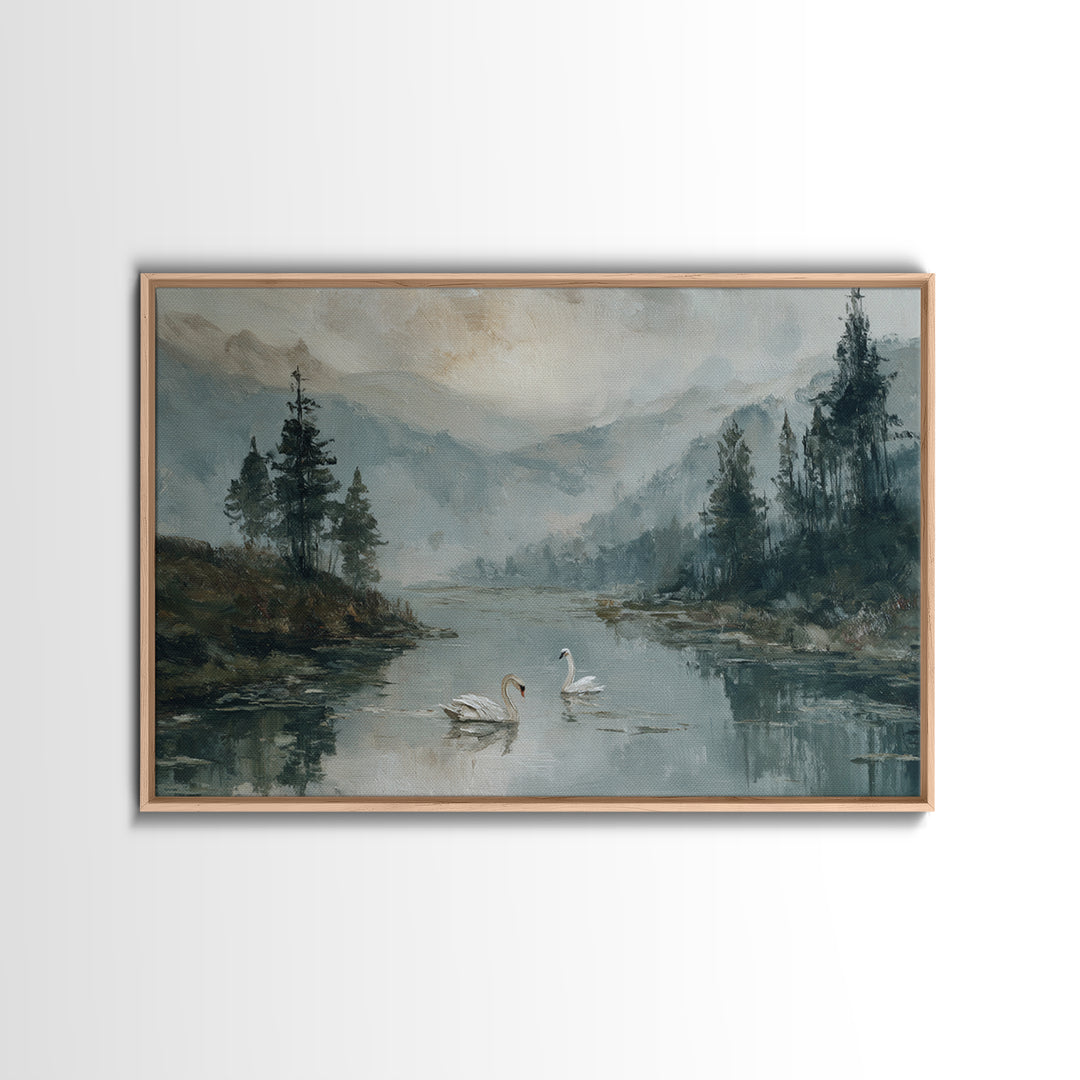 Paired Swans in a Dreamy Painterly Lake Framed Canvas Print, Above Bed Art, Living Room Decor, Bedroom Decor, Serenity, ABA-3x2-50