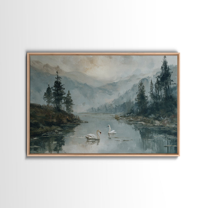 Paired Swans in a Dreamy Painterly Lake Framed Canvas Print, Above Bed Art, Living Room Decor, Bedroom Decor, Serenity, ABA-3x2-50