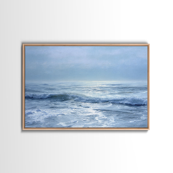Quiet Moon over a Calm Ocean Horizon Framed Canvas Print, Above Bed Art, Digital Art, Bedroom Decor, Fine Art, Serenity, ABA-3x2-55