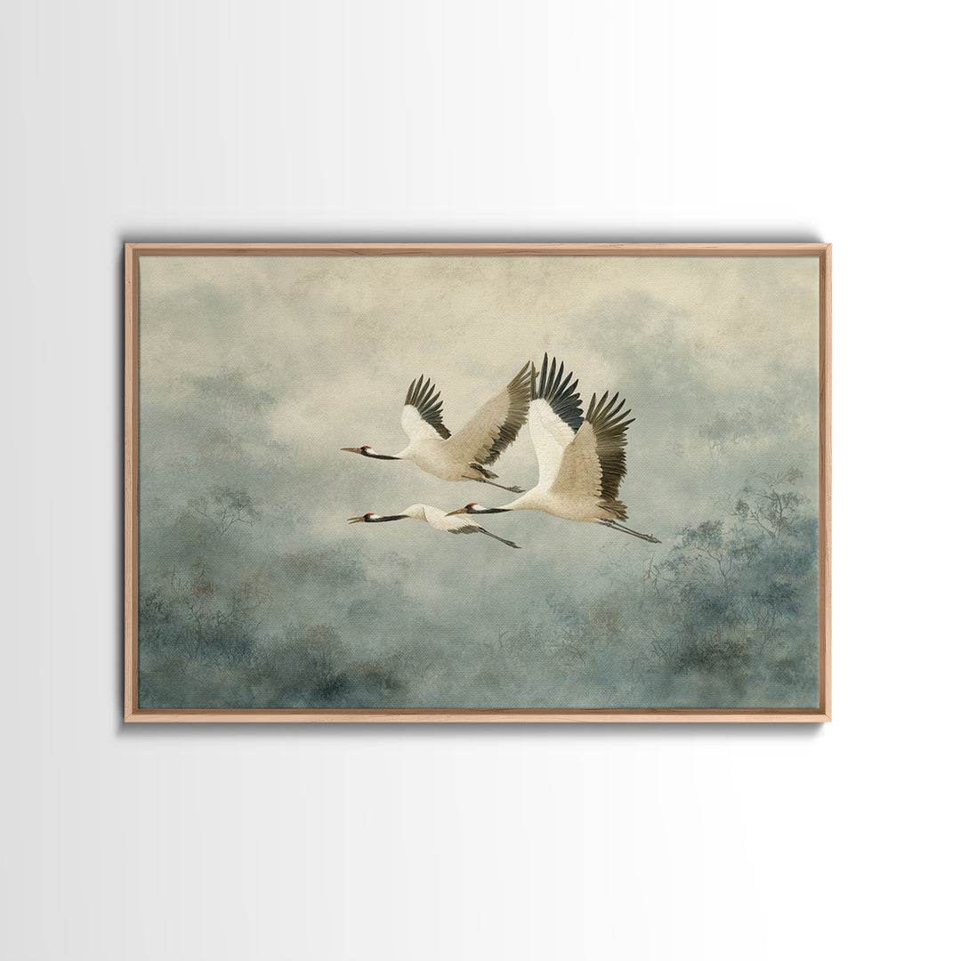Ethereal Cranes Flying Through Pale Morning Mist Canvas Print, Above Bed Art, Sage Green Wall Art, Bedroom Decor, Oil Painting, ABA-3x2-61