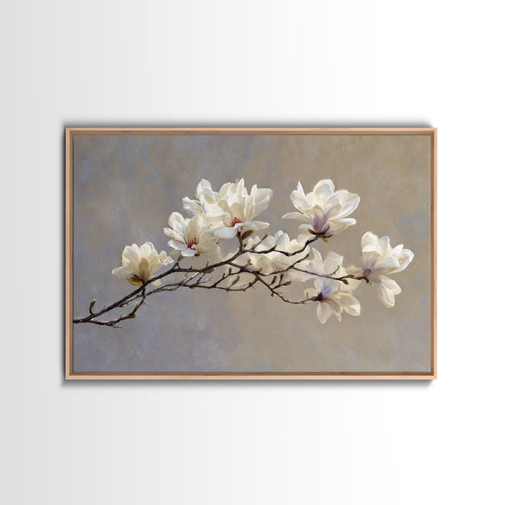 Delicate Magnolia Branch on Cream Background Canvas Print, Above Bed Art, Gallery Decor, Bedroom Decor, Oil Painting, Serenity, ABA-3x2-68