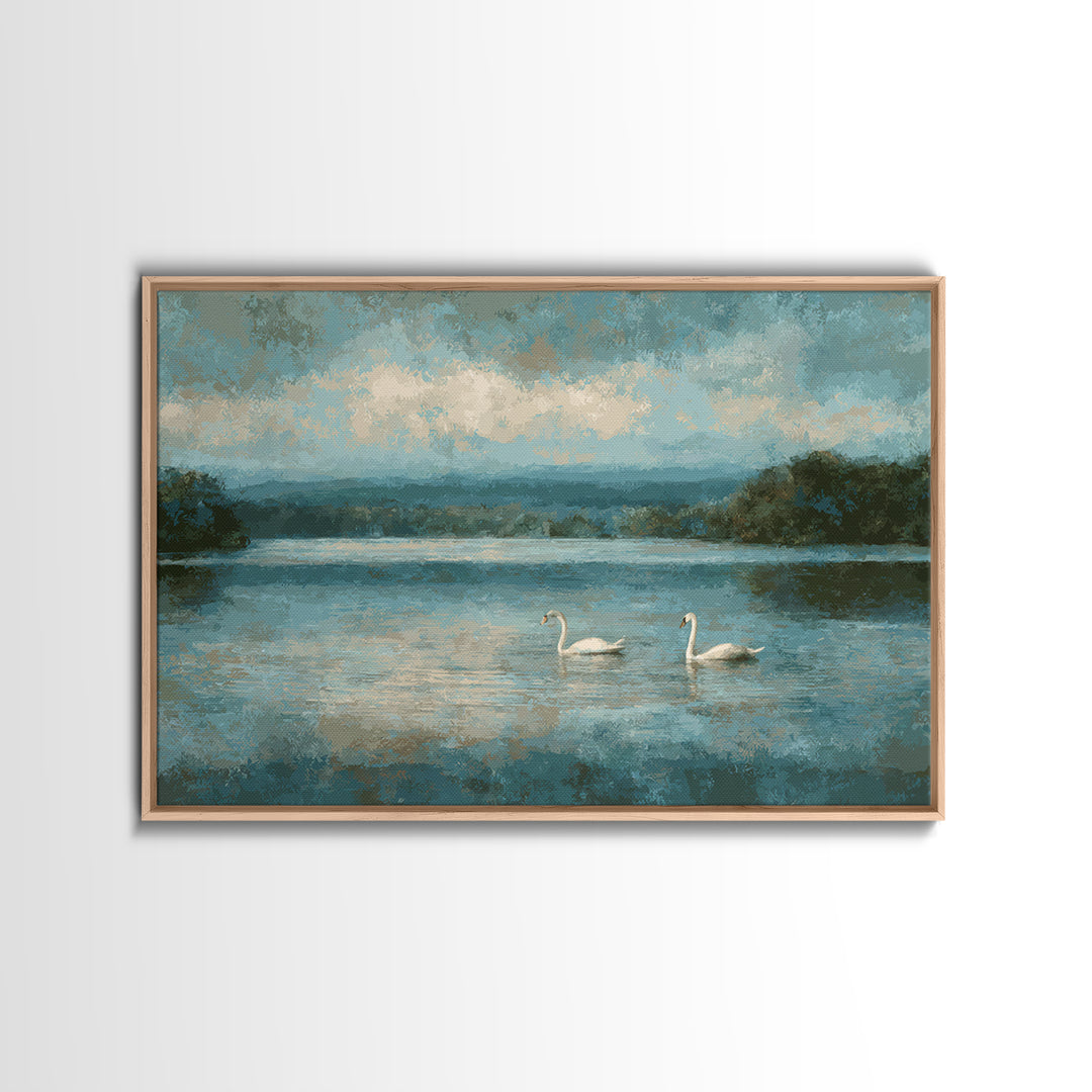 Paired Swans in a Dreamy Painterly Lake Framed Canvas Print, Above Bed Art, Living Room Decor, Bedroom Decor, Serenity, ABA-3x2-74