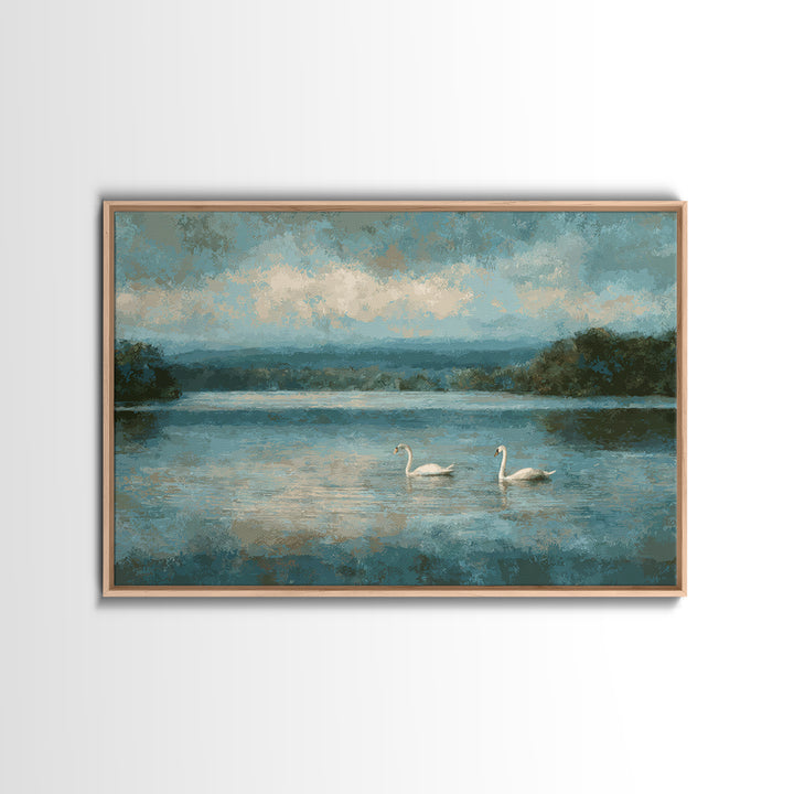 Paired Swans in a Dreamy Painterly Lake Framed Canvas Print, Above Bed Art, Living Room Decor, Bedroom Decor, Serenity, ABA-3x2-74