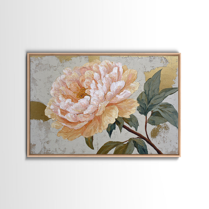 Romantic Oversized Peony Bloom on Warm Linen Framed Canvas Print, Above Bed Art, Boho Wall Decor, Bedroom Decor, Abstract Art, ABA-3x2-78