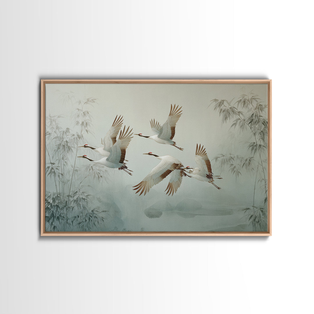 Ethereal Cranes Flying Through Pale Morning Mist Framed Canvas Print, Above Bed Art, Bedroom Wall Art, Bedroom Decor, Serenity, ABA-3x2-85