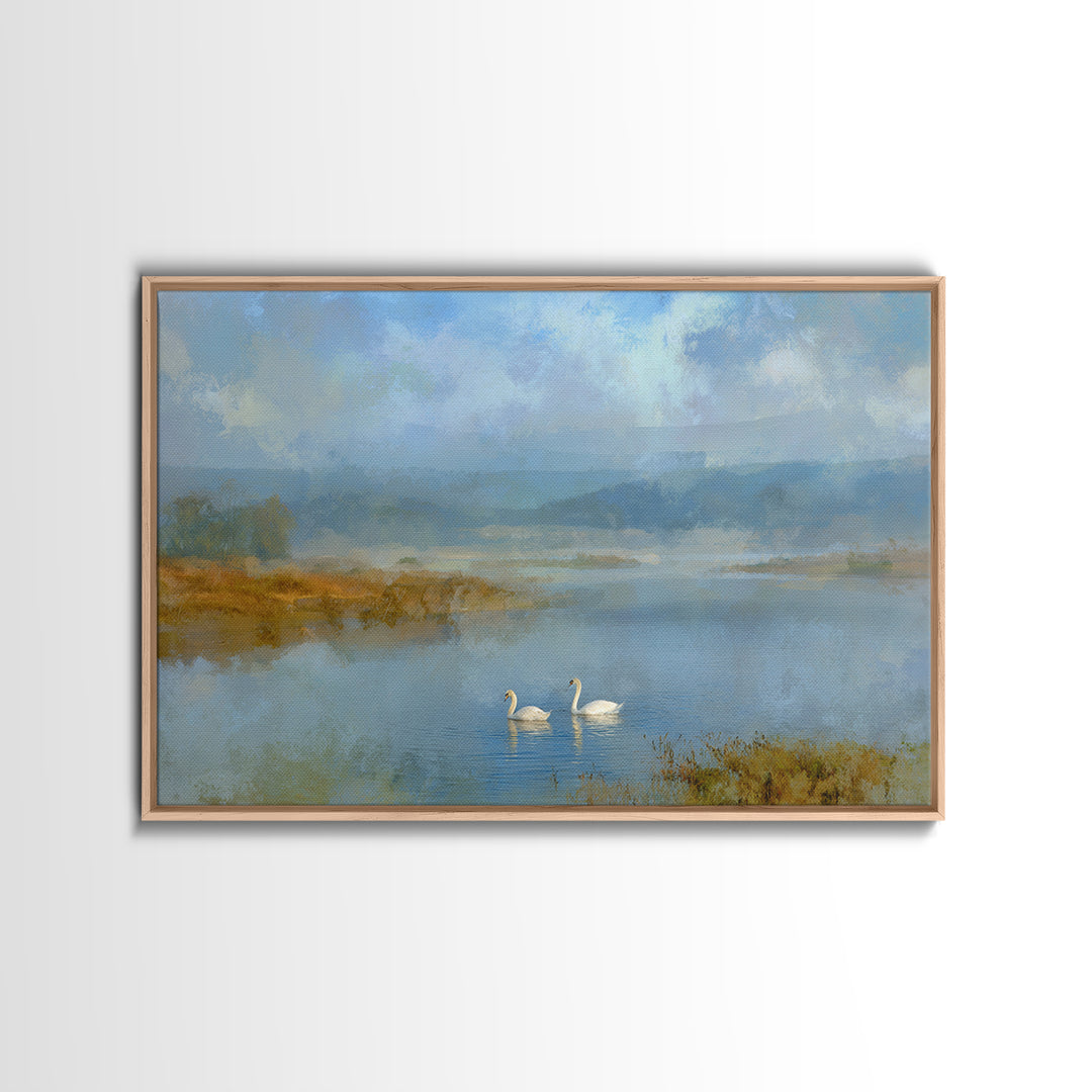 Paired Swans in a Dreamy Painterly Lake Canvas Print, Above Bed Art, Sage Green Wall Art, Bedroom Decor, Oil Painting, Serenity, ABA-3x2-98
