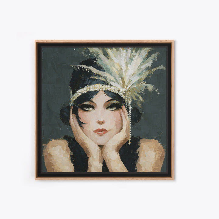 Flapper Portrait with Pearl Strands and Dramatic Framed Canvas Print, Art Deco Art, Gallery Decor, Living Room Decor, Glamour, ADA-1x1-38