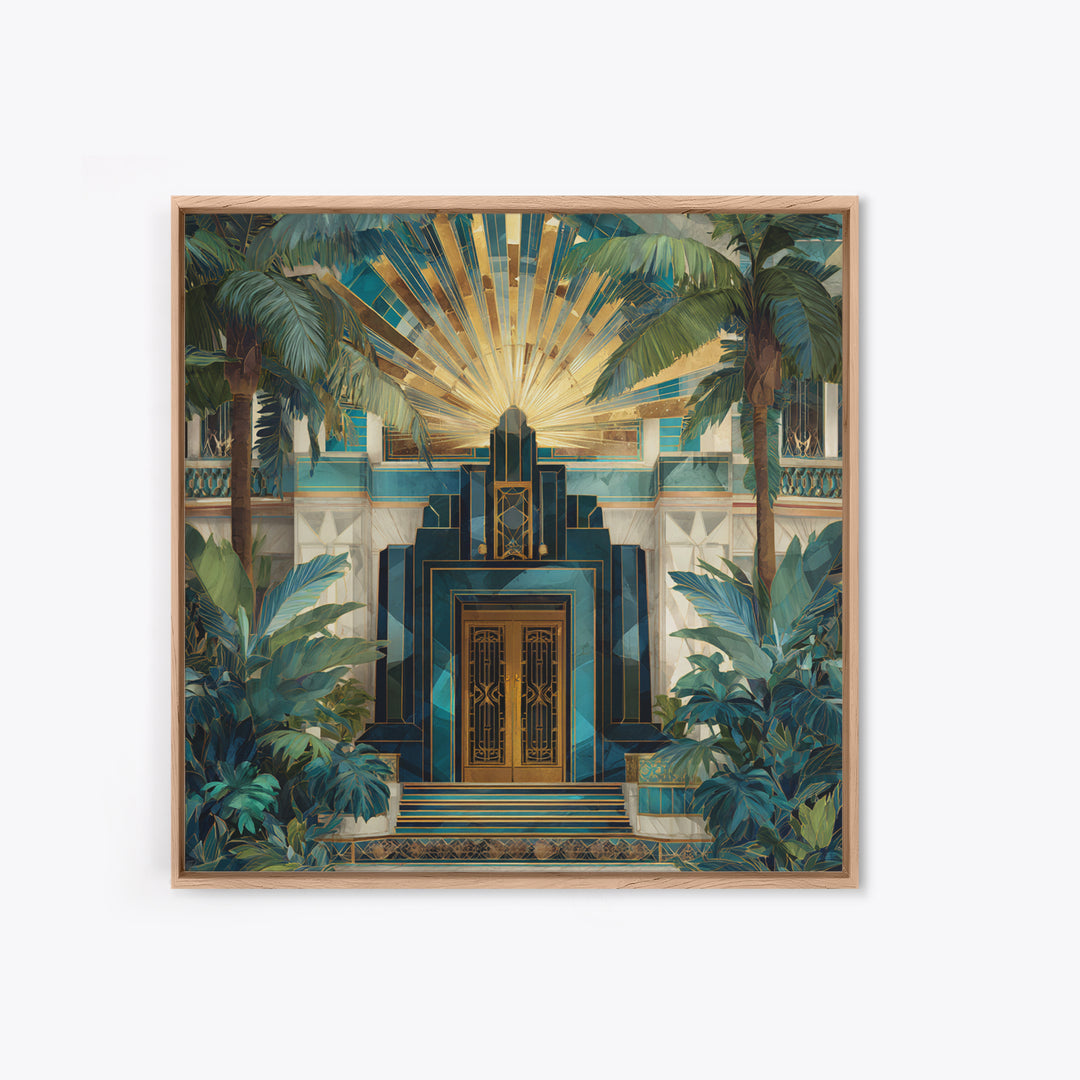 Tropical Hotel Facade Framed Canvas Print, Art Deco Art, Room Decor, Living Room Decor, Fine Art, Glamour, Digital Art, ADA-1x1-40