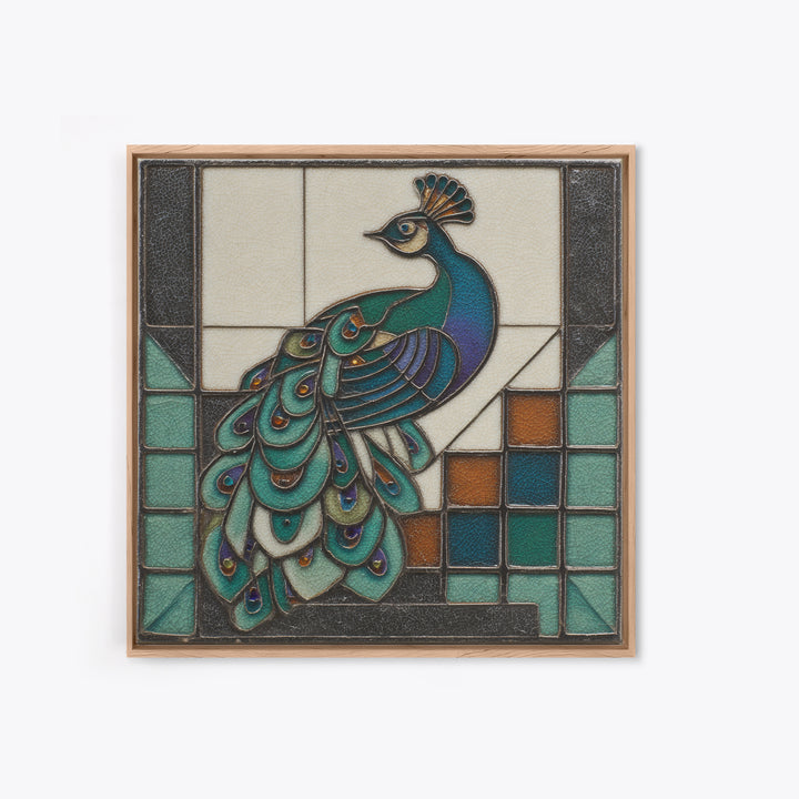 Sleek Peacock with Jeweled Feathers and Stepped Canvas Print, Art Deco Art, Blue Wallpaper, Living Room Decor, Glamour, ADA-1x1-51