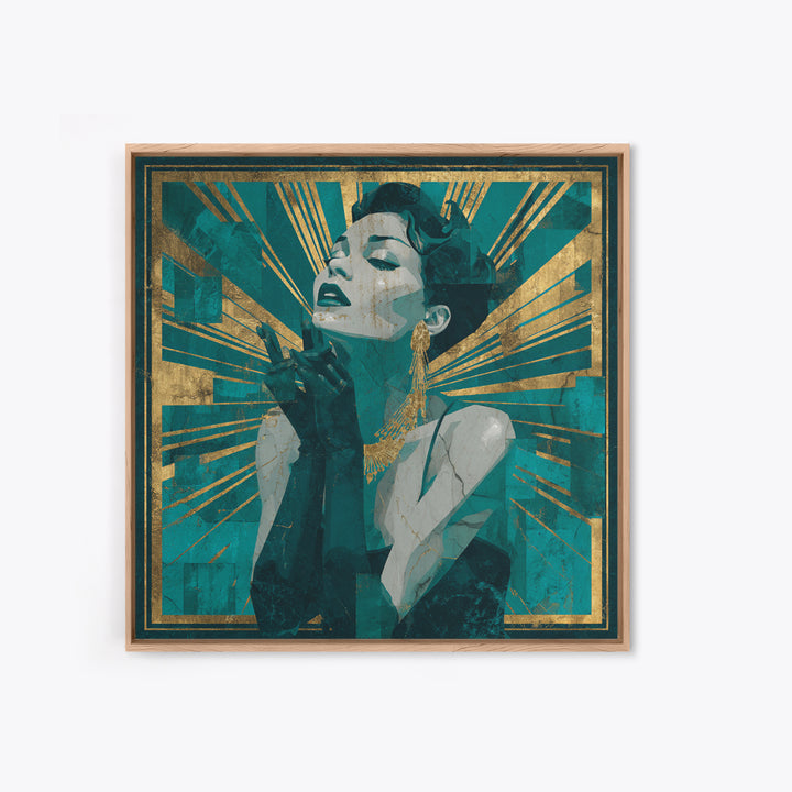 Moonlit Jazz Singer Framed by Gold Lines Canvas Print, Art Deco Art, Fine Art Print, Living Room Decor, Abstract Art, Glamour, ADA-1x1-95