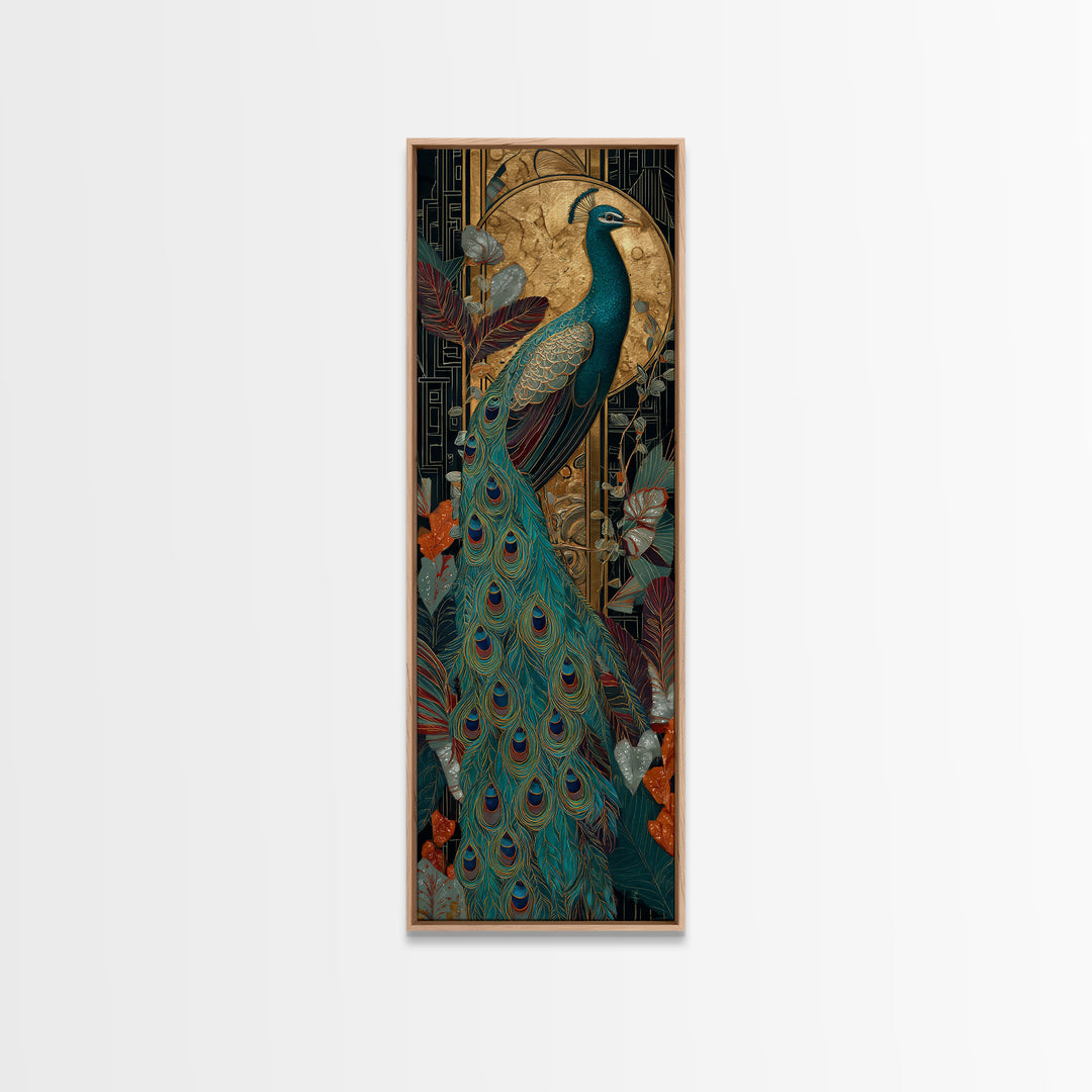 Emerald Peacock Feather Pattern Framed Canvas Print, Art Deco Art, Art Prints, Living Room Decor, Glamour, Apartment Decor, ADA-1x3-36