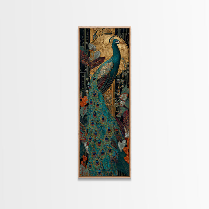 Emerald Peacock Feather Pattern Framed Canvas Print, Art Deco Art, Art Prints, Living Room Decor, Glamour, Apartment Decor, ADA-1x3-36