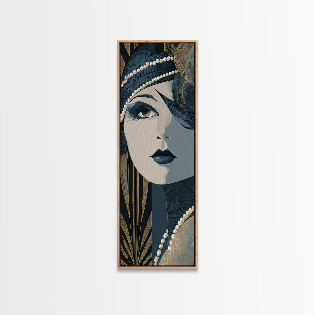 Flapper Portrait with Pearl Strands and Dramatic Canvas Print, Art Deco Art, Fine Art Print, Living Room Decor, Glamour, ADA-1x3-50