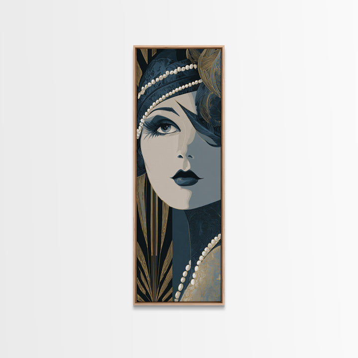 Flapper Portrait with Pearl Strands and Dramatic Canvas Print, Art Deco Art, Fine Art Print, Living Room Decor, Glamour, ADA-1x3-50