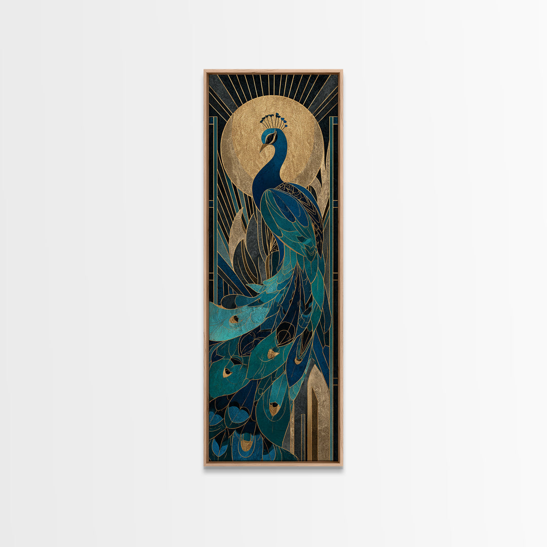 Sleek Peacock with Jeweled Feathers and Stepped Canvas Print, Art Deco Art, Blue Wallpaper, Living Room Decor, Abstract Art, ADA-1x3-63