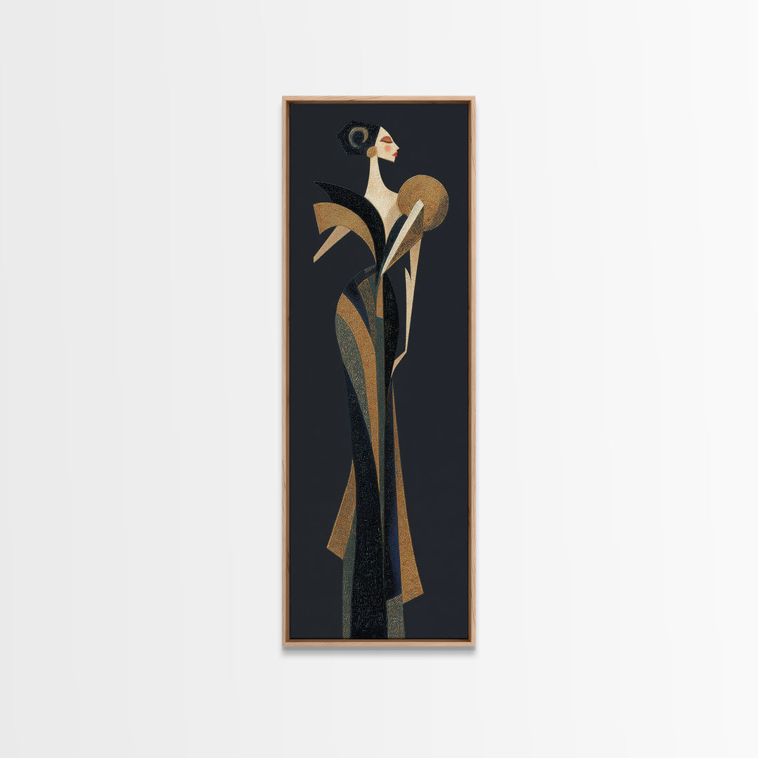 Deco Dancer in Beaded Dress and Angular Framed Canvas Print, Art Deco Art, Boho Decor, Living Room Decor, Oil Painting, Glamour, ADA-1x3-91