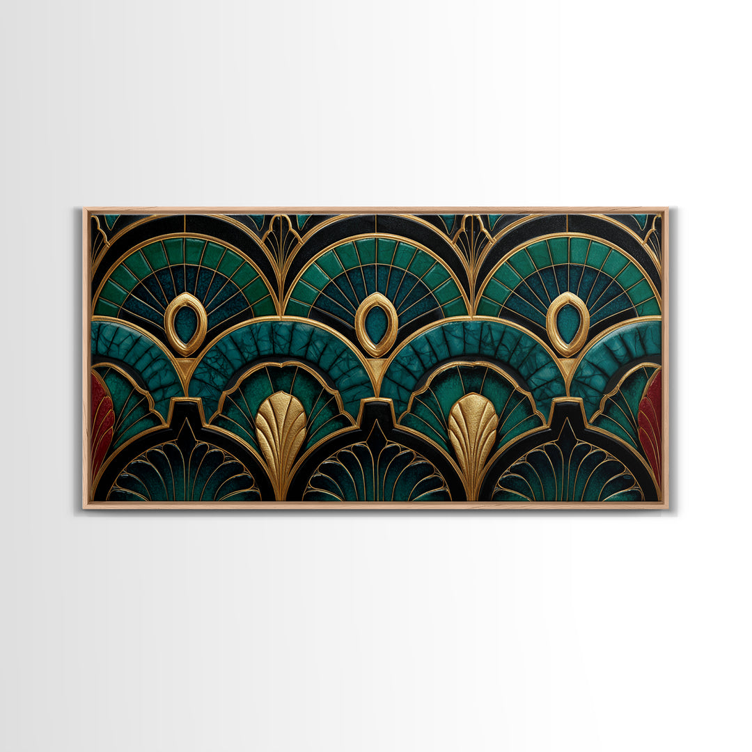 Emerald Peacock Feather Pattern Framed Canvas Print, Art Deco Art, Statement Artwork, Living Room Decor, Fine Art, Glamour, ADA-2x1-20