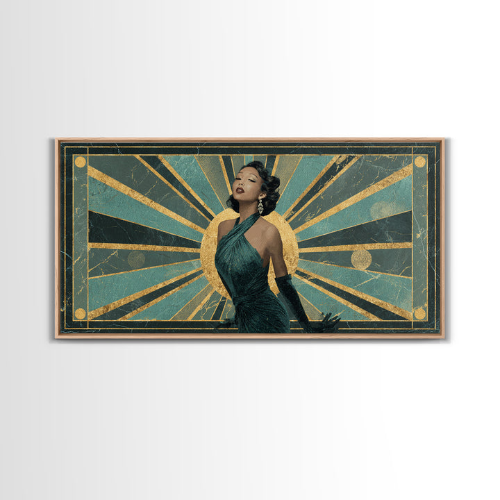 Moonlit Jazz Singer Framed by Gold Lines Framed Canvas Print, Art Deco Art, Digital Art, Living Room Decor, Fine Art, Glamour, ADA-2x1-43