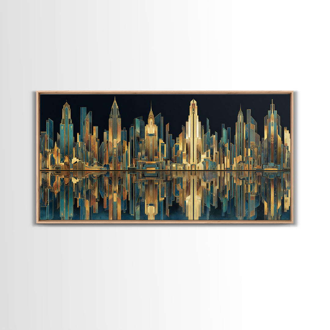 Stylized City Skyline Framed Canvas Print, Art Deco Art, Art, Living Room Decor, Fine Art, Glamour, Art Nouveau, Abstract Art, ADA-2x1-50