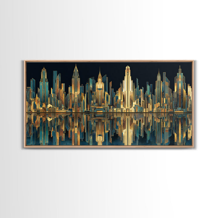 Stylized City Skyline Framed Canvas Print, Art Deco Art, Art, Living Room Decor, Fine Art, Glamour, Art Nouveau, Abstract Art, ADA-2x1-50