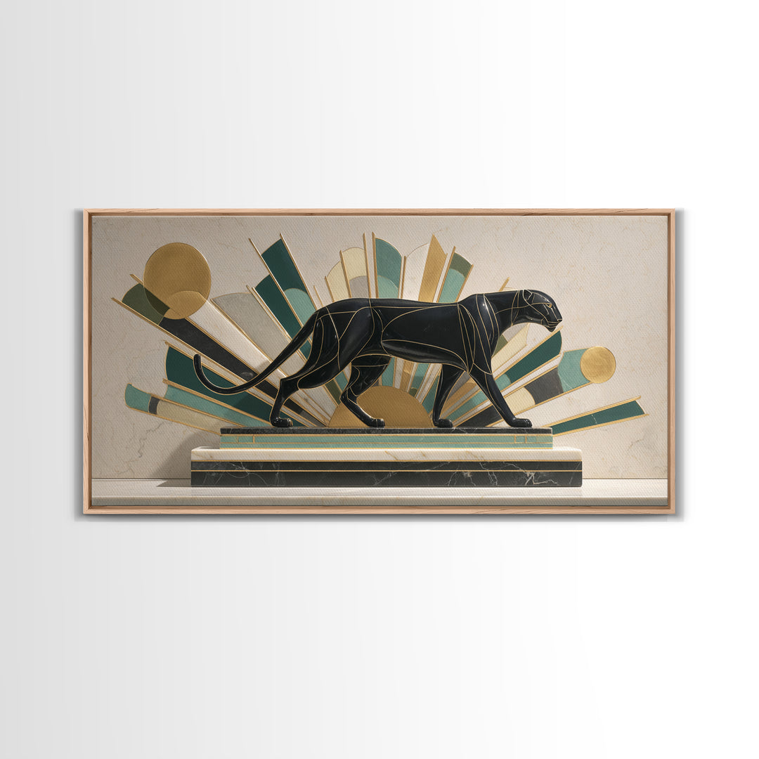 Black Panther Sculpture on a Marble Plinth Framed Canvas Print, Art Deco Art, Gallery Wall Art, Living Room Decor, Glamour, ADA-2x1-79