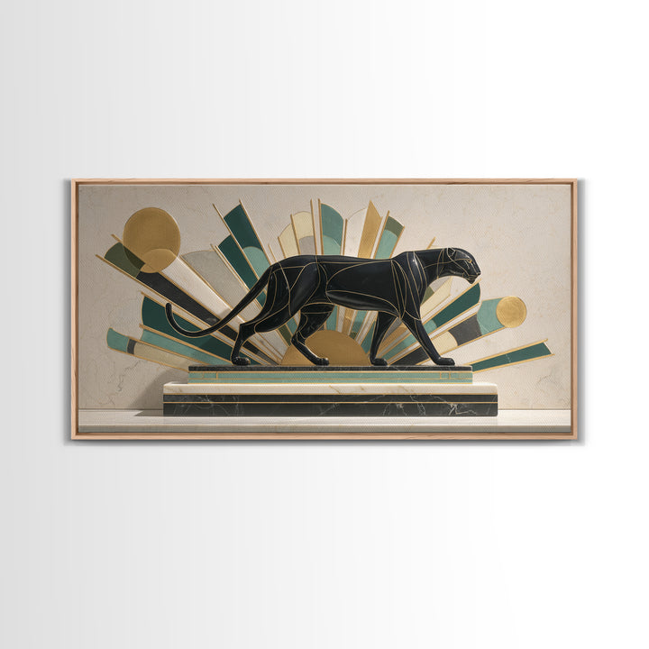 Black Panther Sculpture on a Marble Plinth Framed Canvas Print, Art Deco Art, Gallery Wall Art, Living Room Decor, Glamour, ADA-2x1-79