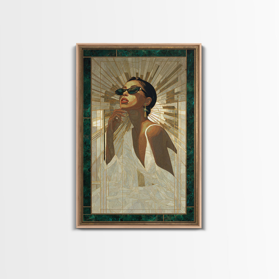 Moonlit Jazz Singer Framed by Gold Lines Canvas Print, Art Deco Art, Boho, Living Room Decor, Abstract Art, Glamour, ADA-2x3-79