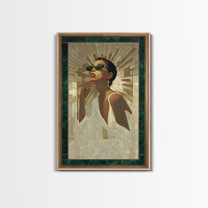 Moonlit Jazz Singer Framed by Gold Lines Canvas Print, Art Deco Art, Boho, Living Room Decor, Abstract Art, Glamour, ADA-2x3-79