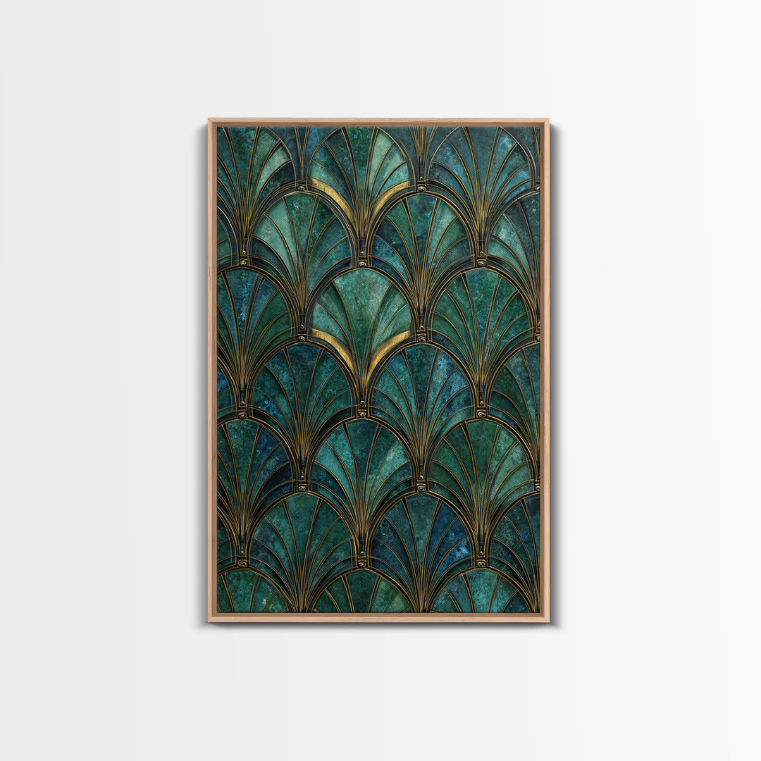 Emerald Peacock Feather Pattern Framed Canvas Print, Art Deco Art, Blue Wallpaper, Living Room Decor, Oil Painting, Glamour, ADA-2x3-8