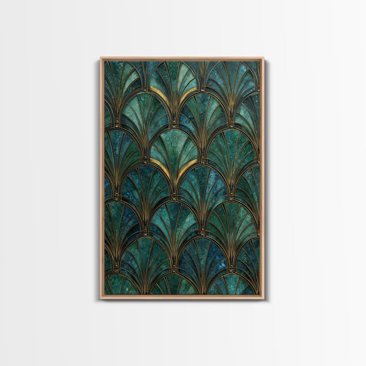 Emerald Peacock Feather Pattern Framed Canvas Print, Art Deco Art, Blue Wallpaper, Living Room Decor, Oil Painting, Glamour, ADA-2x3-8