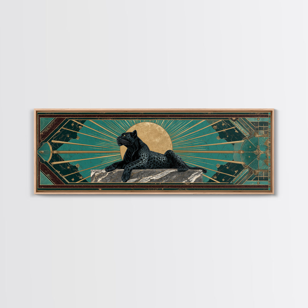 Black Panther Sculpture on a Marble Plinth Framed Canvas Print, Art Deco Art, Textured Painting, Living Room Decor, Glamour, ADA-3x1-27