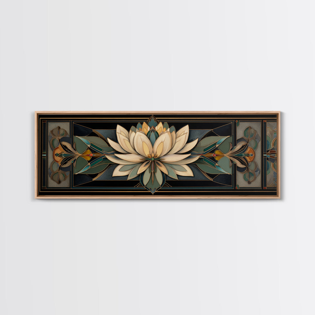 Geometric Lotus Flower Framed Canvas Print, Art Deco Art, Blue Wallpaper, Living Room Decor, Watercolor Art, Glamour, ADA-3x1-28