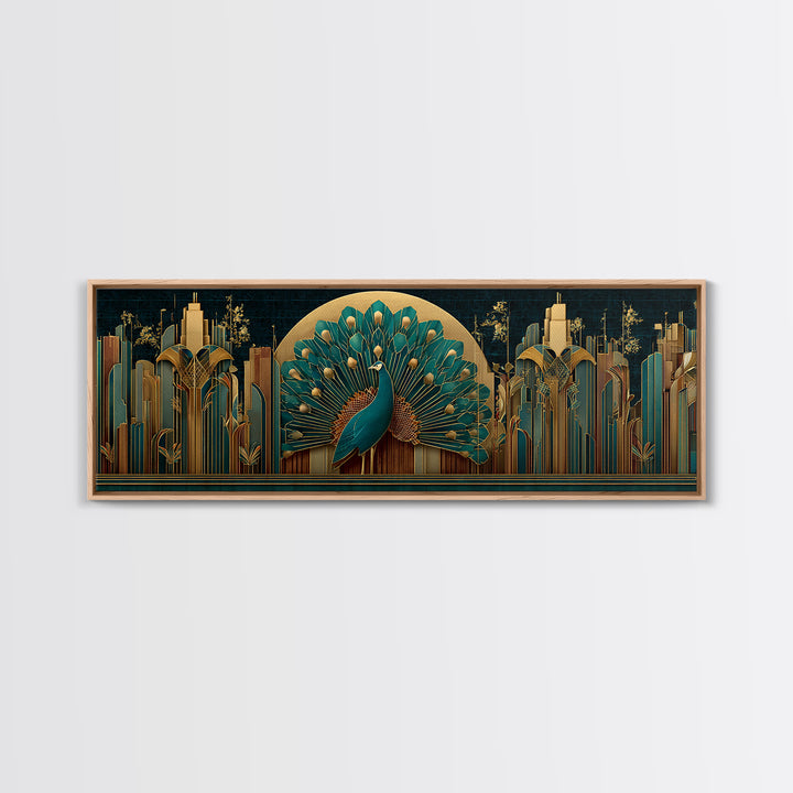 Sleek Peacock with Jeweled Feathers and Stepped Canvas Print, Art Deco Art, Living Room Decor, Abstract Art, Glamour, ADA-3x1-43