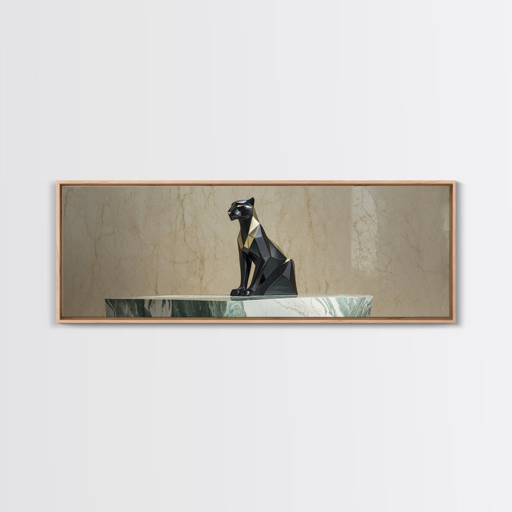 Black Panther Sculpture on a Marble Plinth Framed Canvas Print, Art Deco Art, Digital Art, Living Room Decor, Fine Art, Glamour, ADA-3x1-51