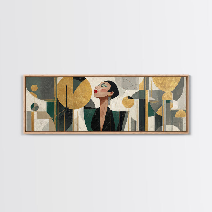 Moonlit Jazz Singer Framed by Gold Lines Framed Canvas Print, Art Deco Art, Living Room Decor, Abstract Art, Glamour, ADA-3x1-63