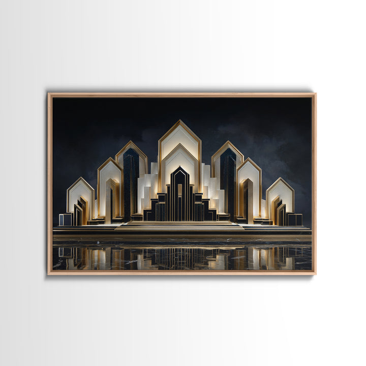 Stylized City Skyline Framed Canvas Print, Art Deco Art, Digital Print, Living Room Decor, Fine Art, Glamour, Downloadable Art, ADA-3x2-10