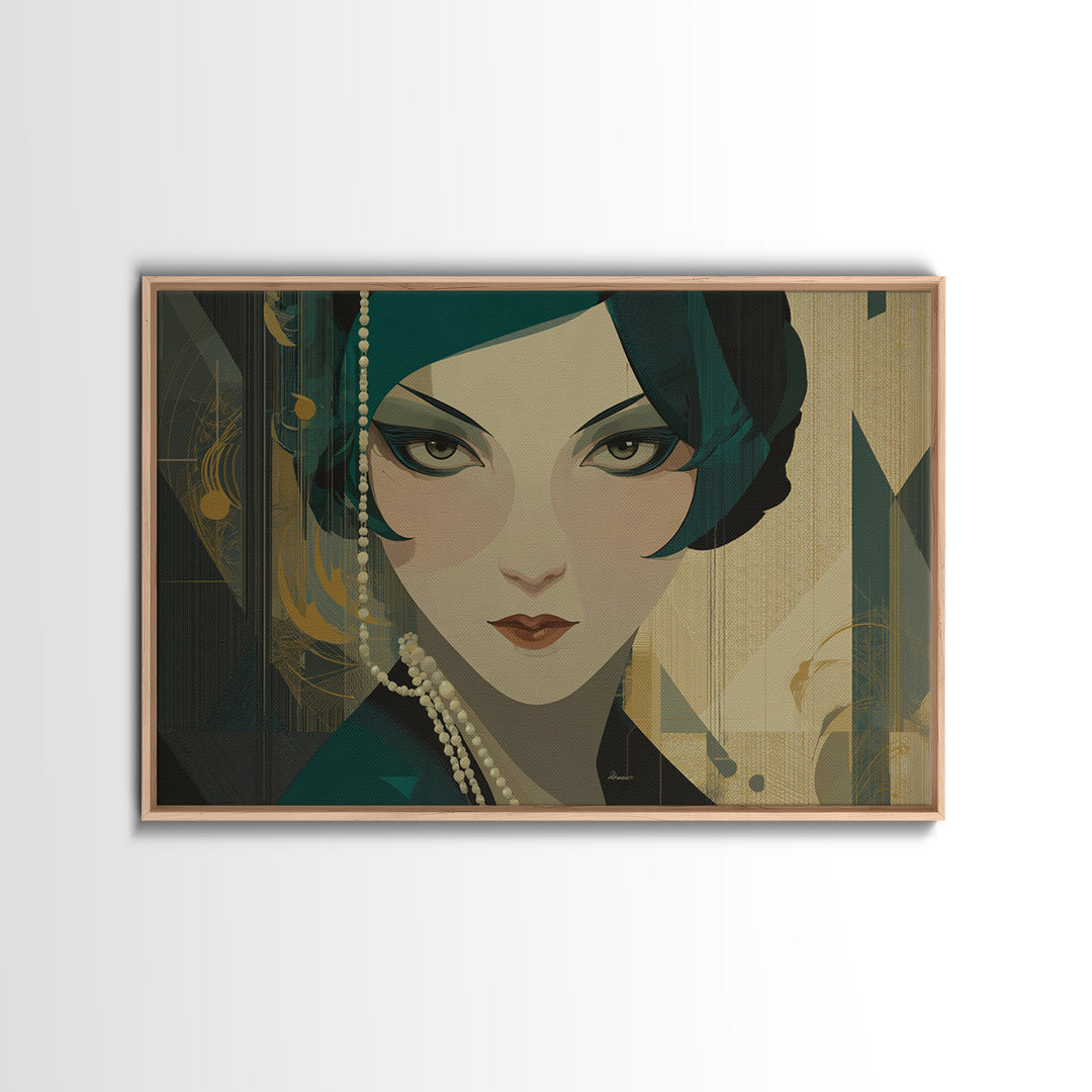 Flapper Portrait with Pearl Strands and Dramatic Canvas Print, Art Deco Art, Printable Art, Living Room Decor, Oil Painting, ADA-3x2-42