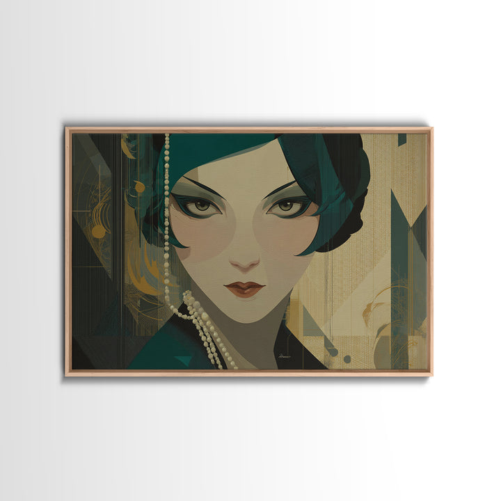 Flapper Portrait with Pearl Strands and Dramatic Canvas Print, Art Deco Art, Printable Art, Living Room Decor, Oil Painting, ADA-3x2-42