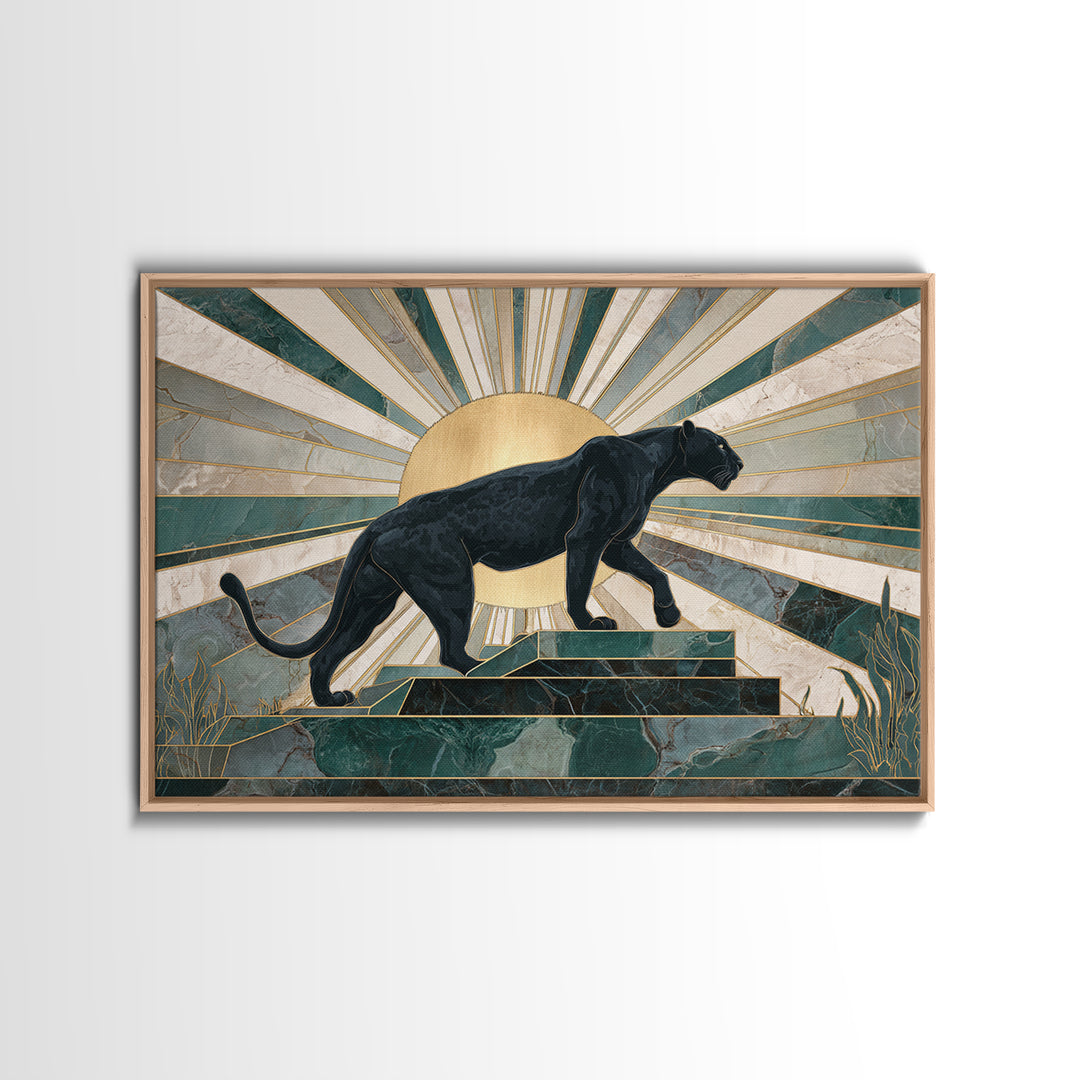 Black Panther Sculpture on a Marble Plinth Framed Canvas Print, Art Deco Art, Wall Art Print, Living Room Decor, Glamour, ADA-3x2-63