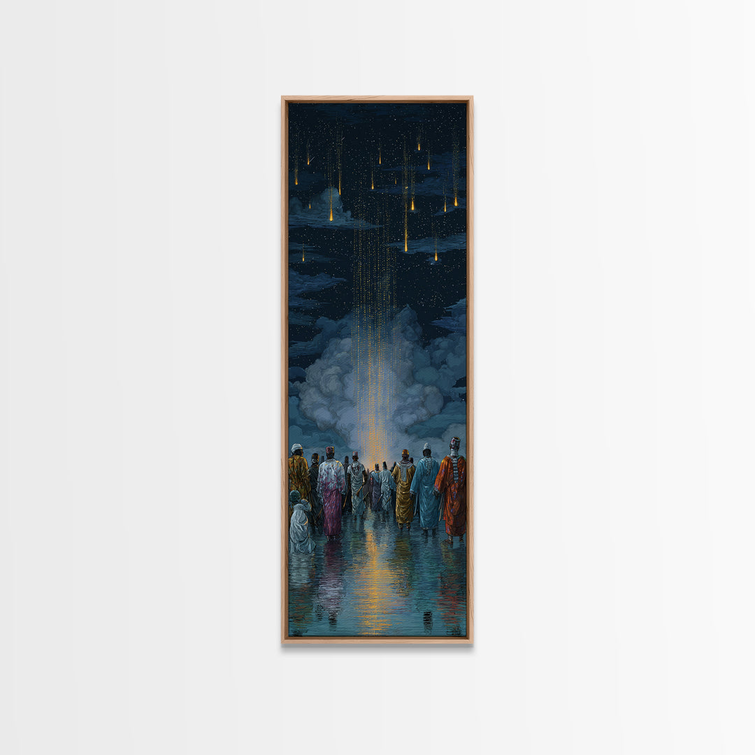Robed Figures Watching Golden Light Rain From Clouds, Wall Art, Spiritual African Canvas Print, Mystical Home Decor Gift