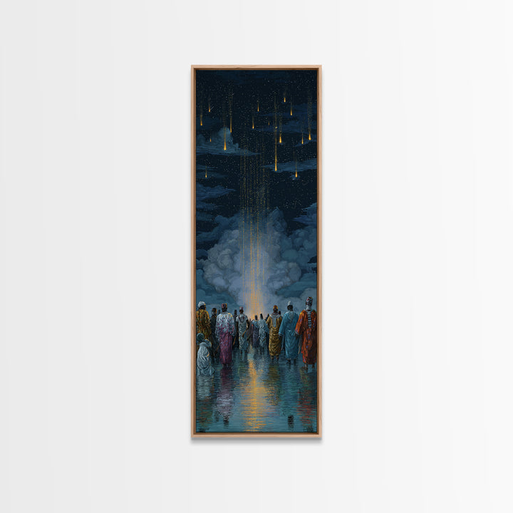Robed Figures Watching Golden Light Rain From Clouds, Wall Art, Spiritual African Canvas Print, Mystical Home Decor Gift