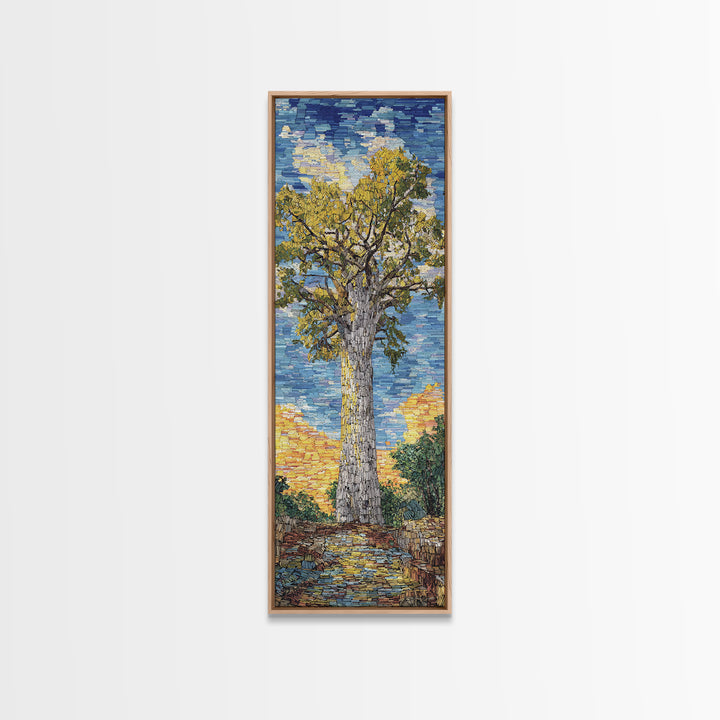 Impressionist Baobab Mosaic Path, African Wall Art, Blue Yellow Safari Landscape, Textured Decor, Premium Canvas Print Gift
