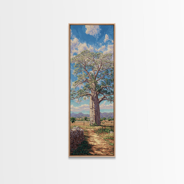 Sunlit Baobab Tree Landscape, African Wall Art, Safari Decor, Nature Scene Art, Blue Sky Framed Canvas Print Gift For Living Room