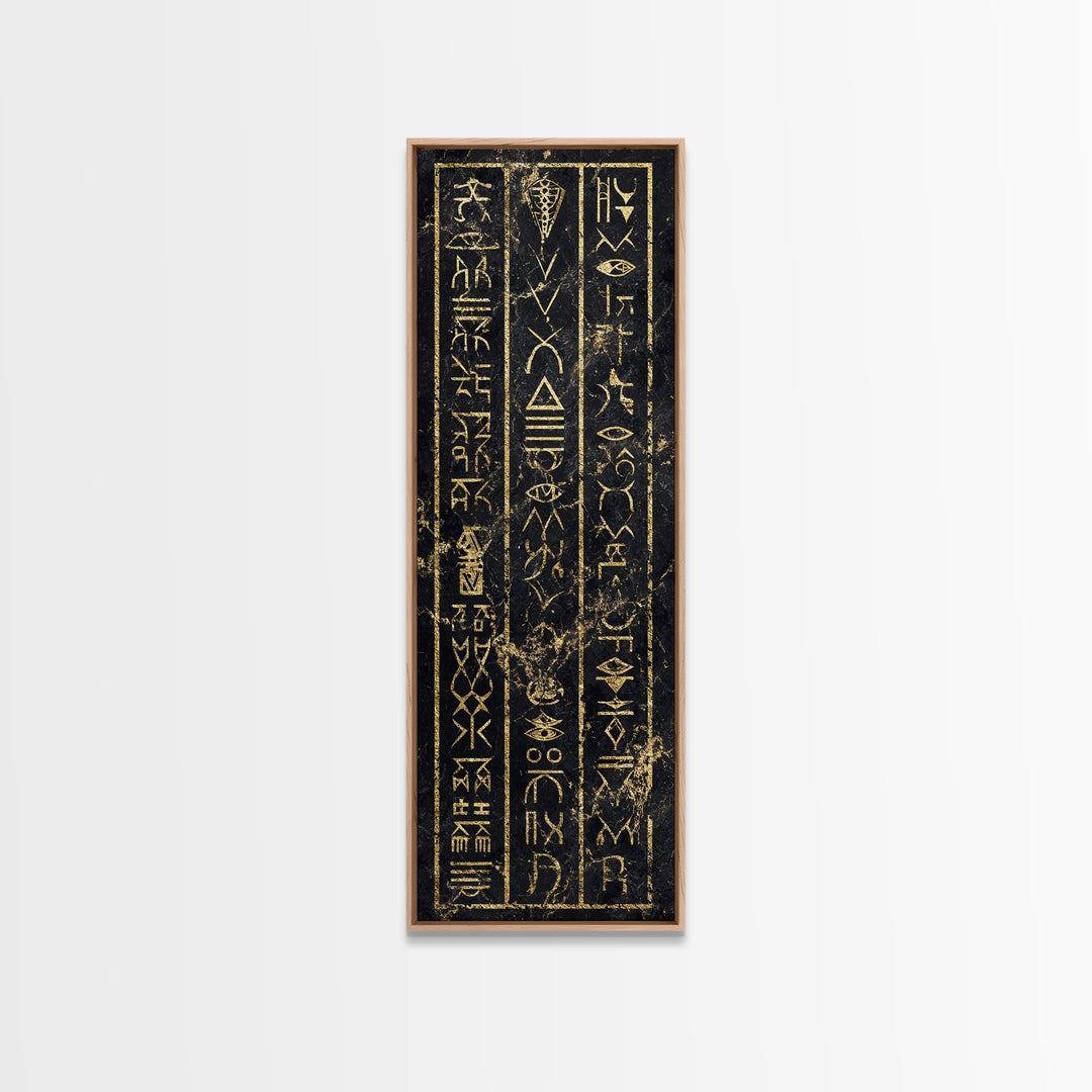 Gold Ancient African Glyphs On Black Wall Art, Tribal Hieroglyphic Canvas, Afrocentric Decor, Cultural Home Decor Gift For Living Room